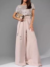 abordables Moins de 129,99 $-Pantalon mère de la mariée Robe élégante décontractée col rond longueur sol polyester manches courtes avec ceinture  ruban 2025