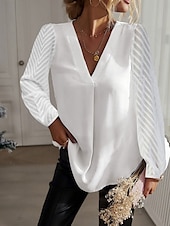 voordelige Dames eenvoudige tops-Dames Overhemd Blouse Effen Kleur Stijlvol Casual Lange mouw V-hals Normale tops Dagelijks Kant Lapwerk Wit Zomer Lente