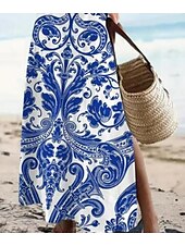 olcso Boho ruhák-Női Maxiruha Paisley ruha hétköznapi ruha Hosszú ujjú Boho ruha A vonalú ruha Csehország Szabadság Szüret Vakáció Napi Normál Virágos Rövid ujjú V-alakú aqua kék Nyár Tavasz