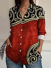 voordelige Dames Boho Tops-Dames Overhemd dier Geometrisch Casual Lange mouw Overhemdkraag Normale tops Werk Dagelijks Knop Afdrukken Zwart Wit Rood blauw Groen Lente Herfst Winter