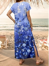 cheap Floral Dress-Women&#039;s Maxi Dress Casual Dress Sundress A Line Dress Stylish Casual Vacation Daily Regular Fit Floral Short Sleeve V Neck Navy Blue Spring Fall