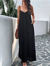 preiswerte Einfaches Kleid-Damen Maxi Kleid Strandkleid Slip Kleid Urlaub Strandurlaub Unifarben Lässig Täglich Lockere Passform Grafik Ärmellos Träger Schwarz Rot Himmelblau Grün Sommer