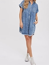 billiga Vit klänning-Dam Mini klänning Denimklänningar Vardagsklänning Sommarklänning Mode Utomhus Helgdag Datum Normal Slät Kortärmad Tröjkrage Blå Sommar Vår