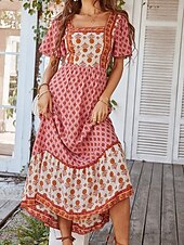 tanie Wakacyjne sukienki-Damskie Sukienka maxi Codzienne sukienki Sukienka rozkloszowana Sukienka A line Elegancki Codzienny Urlop Codzienny Regularny Kwiaty Krótki rękaw Kwadratowy dekolt Żółty Rumiany róż Pomarańczowy