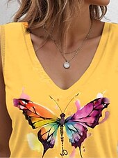 billiga Grafisk butik Tank tops &amp; Camis-Kvinnors linne topp fjäril casual ärmlös V-hals vanliga toppar dagligt gul sommar