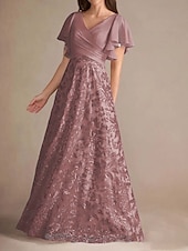 abordables Longueur du plancher-Robe de mère de la mariée trapèze élégante vintage simple col en V longueur au sol en mousseline de soie à volants manches courtes avec dentelle florale paillettes 2025