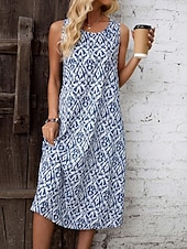 ieftine Rochii boho-Pentru femei Rochii Midi Rochie A line Rochie de vară Casual Vacanță Fit regulat Grafic Geometric Fără manșon Stil Nautic Albastru piscină Vară