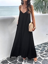 preiswerte Einfaches Kleid-Damen Maxi Kleid Strandkleid Slip Kleid Urlaub Strandurlaub Unifarben Lässig Täglich Lockere Passform Grafik Ärmellos Träger Schwarz Rot Himmelblau Grün Sommer