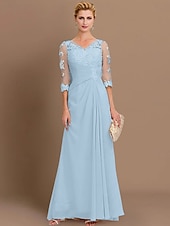 economico Lunghezza del pavimento-ts beach wedding a-line madre della sposa abito da sposa invitata elegante taglie forti trasparente scollo a V lunghezza pavimento chiffon mezza manica con applicazioni drappeggio laterale 2025
