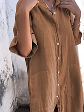 preiswerte bedruckte Kleider aus Baumwolle und Leinen-Damen Langes Kleid Maxikleid Baumwoll-Leinen-Kleider Hemdblusenkleid Freizeitkleid Basic Lässig Urlaub Lässig Täglich Lässiger Schnitt Einfach Halbarm Hemdkragen Blau Grün Khaki Grau Sommer Frühling