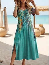 abordables Robe Fleurie-Robe Maxi Femme Robe T Shirt Robe Tee Robe d&#039;Été Robe Shift Élégante Vacances Vintage Fête Vacances Fête Ajustement Régulier Florale Vintage Manches Courtes Col Ras du Cou Bleu Paon
