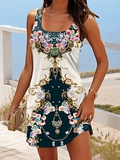 tanie Sukienki boho-Damskie Sukienka mini Sukienka A line Letnie sukienki Sukienka z odkrytymi ramionami Urlop Codzienny Codzienny Luźna Graficzny W Tureckie Wzory Bez rękawów Dekolt w kształcie litery U Beżowy Lato