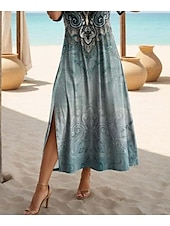 abordables Robes Boho-Robe maxi femme Robe décontractée Robe décontractée Quotidien Ajustement lâche Géométrique Manches courtes Col rond Teal Noir Blanc Rouge été