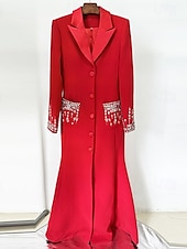 preiswerte Bodenlänge-Blazer-Kleid A-Linie Brautmutter Kleid Tuxedo-Kleid Elegant Hoher Schlitz Hemdkragen Bodenlange Stretchstoff Lange Ärmel mit Kristallen 2025