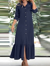 economico Abiti di jeans-Per donna Abito lungo Abito lungo Abiti di jeans Abito casual Abito estivo Di tendenza Esterno Per eventi Appuntamento Standard Liscio Manica lunga Colletto Blu Blu scuro Estate Primavera