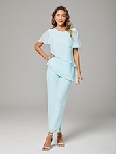 abordables Costumes-pantalons pour maman-Combinaison  Tailleur Deux Pièces Mère de la Mariée Élégant Grande Taille Col Bijou Longueur de Sol Chiffon Manches Courtes avec Volants Cascadants 2025