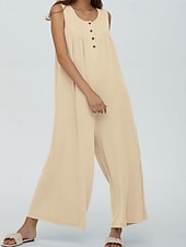 preiswerte lässige Overalls-Damen Normal Jumpsuit Aktiv Feste Farbe Ärmellos U-Ausschnitt Knopf Tasche Urlaub Täglich Regular Fit Schwarz Marineblau Blau Sommer