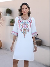 cheap Casual Dress-Valentine&#039;s Day Women&#039;s Normal Mini Dress Boho Chic Dresses A Line Dress Bohemia Stylish Classic Elbow Sleeve Vacation Party Casual Form Fit Floral Plain 3/4 Length Sleeve Crew Neck Black White Summer