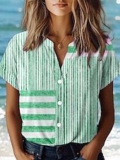 abordables Tops à Rayures et Géométriques pour Femmes-Blouse pour femmes à fleurs élégante vintage quotidienne à manches courtes col régulier tops quotidien similicuir jaune rose bleu poussiéreux violet vert été