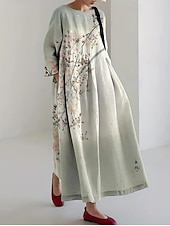 abordables Robes fleuries-Robe Maxi Femme Robe Décontractée Vacances Coupe ample Florale Graphique Lin semblable Manches 3/4 Col rond Vert Printemps Automne Hiver
