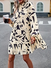 cheap Casual Floral Dresses-Women&#039;s Mini Dress Casual Dress A Line Dress Stylish Casual Vacation Daily Regular Fit Floral Long Sleeve Stand Collar Green Apricot Summer
