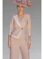 cheap Mom&#039;s Pant Suits-Pink Two Piece Pantsuits Mother of the Bride  Elegant Vintage V Neck Floor Length Stretch Fabric 3/4 Length Sleeve with Pearls Color Block  Race Day Dress
