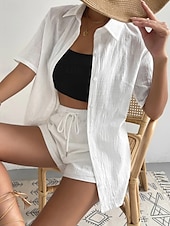 cheap Sets-Women&#039;s Fashion Streetwear Shirt Linen-Inspired Sets Two Piece Sets Below Knee Length Shorts Short Sleeve Shirt Collar Solid Color Drawstring Daily Wear Date White Green Khaki Summer Regular Fit