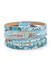 baratos Pulseira Feminina-Pulseira magnética de couro boho e turquesa - design ajustável em várias camadas com penas e pedras preciosas, perfeita para estilos casuais, de verão e festivais