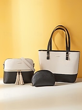 economico Borsette e borse tote-elegante set di borse da donna bicolore patchwork con decorazione a nappe - borsa a mano, borsa a tracolla e borsa piccola - perfette per il tempo libero quotidiano, per andare al lavoro