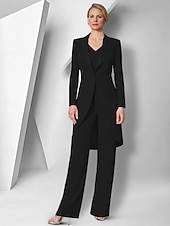 cheap Mom&#039;s Pant Suits-Pantsuit 3 Piece Mother of the Bride  Elegant V Neck Floor Length Stretch Fabric Long Sleeve Wrap Included with Solid Color 2025