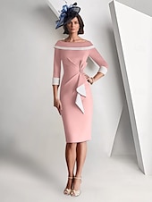 cheap Tea Length-Sheath / Column Mother of the Bride Dress Elegant Vintage Simple Off Shoulder Tea Length Crepe 3/4 Length Sleeve Jacket Dresses with Ruffles Color Block Race Day Dress