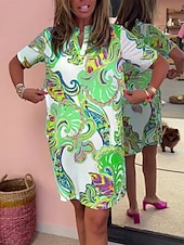 abordables Robes de vacances-Femme Mini robe Robe casual mode Décontractées Vacances du quotidien Standard Cachemire Manche Courte Col cranté Blanche Rouge Bleu Vert Eté