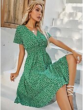 billiga Eleganta blommiga klänningar-Dam Midiklänning Vardagsklänning Swingklänning A linjeklänning Stylish Ledigt Semester Dagligen Normal Blommig Kortärmad V-hals Svart Vit Gul Rodnande Rosa Sommar