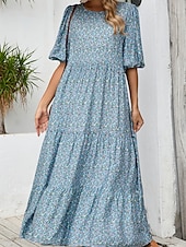 cheap Floral Dress-Women&#039;s Maxi Dress Puff Sleeve Dress Casual Lantern Sleeve Vacation Casual Daily Regular Fit Graphic 3/4 Length Sleeve Crew Neck Light Blue Summer