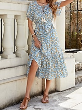billiga Blommiga klänningar-Dam Midiklänning Wrapklänning A linjeklänning Sommarklänning Midi klänning bohemliv Vintage Ledigt Fjärilsärmar Semester Fest Födelsedag Formpassad Blommig Grafisk Kortärmad Knyt hals Blå Sommar