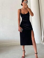 preiswerte Einfaches Kleid-Damen Midi Kleid Slip Kleid Bodycon Kleid Formal Formelle Party Reguläre Passform Grafik Ärmellos Träger Schwarz Weinblau Sommer Frühling