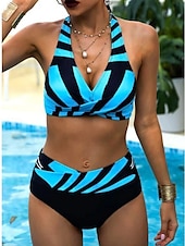 cheap Bikini Sets-Women&#039;s Swimwear Bikini 2 Piece Cheeky Swimsuit Backless Slim Vacation Beach Wear Stripe Halter Neck Sleeveless Bathing Suits