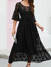 tanie Formalne zimowe-Damskie Sukienka midi Koronkowa sukienka Sukienka maxi Sukienka A line Elegancja Elegancki Codzienny Rozkloszowany rękaw Urlop Impreza Codzienny Regularny Równina Krótki rękaw Półgolf Czarny Wino