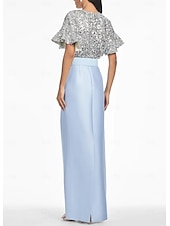 abordables BLEU-robe de soirée colonne bleue robe élégante robe formelle invité de mariage longueur au sol manches courtes col en V ceinture / ceinture satin avec fente à paillettes 2025