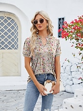 billige Kvinne Enkle Topper-Dame Boho T-skjorte Grafisk عادي Bohem søt stil Stilfull Kortermet Puffermer V-hals Vanlige topper Daglig Ut på byen Helg Trykt mønster Grå og Hvit Svart+Hvit+Grå Svart Lysegrønn Vin Sommer
