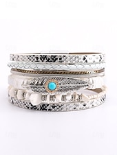 baratos Pulseira Feminina-Pulseira magnética de couro boho e turquesa - design ajustável em várias camadas com penas e pedras preciosas, perfeita para estilos casuais, de verão e festivais