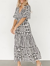 olcso Alkalmi virágos ruhák-Női Midi ruha hétköznapi ruha Boho elegáns ruhák Boho ruha Csehország Szüret Stílusos Vakáció Hétköznapi Napi Normál Csík Rövid ujjú V-alakú Fekete Világoszöld Világoskék Nyár Tavasz