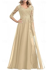 cheap Floor Length-A-Line Mother of the Bride Dress Wedding Guest Elegant V Neck Floor Length Chiffon 3/4 Length Sleeve with Beading Appliques