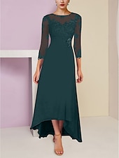 preiswerte Bodenlänge-A-Linien Brautmutterkleid Hochzeitsgast Elegant Scoop Neck Asymmetrisch Knöchellang Chiffon 3/4 Länge Ärmel mit Spitze Pailletten-Raffung 2025 kostenlose Maßanfertigung