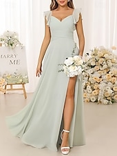 cheap Bridesmaid Dresses-A-Line Bridesmaid Dress Straps Short Sleeve Elegant Floor Length Chiffon with Ruffles / Split Front / Ruching