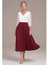 olcso Tea hossza-A-vonalú ruha menyecske anyukájának Elegáns Egyszerű V nyak Tea hosszúságú Chiffon 3/4 Hosszú ujjú Csipkével Egyszínű Midi ruha 2025