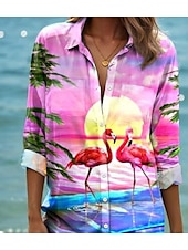 cheap Hawaiian Dress-Women&#039;s Mini Dress Shirt Dress  Graphic Elegant Vintage Tropical Long Sleeve Shirt Collar Long  Buttons Print Pink Summer Spring