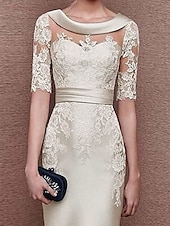 abordables Longueur du thé-Robe de mère de la mariée elle a une coupe ajustée invitée de mariage élégante vintage col bijou longueur genoux satin dentelle manches courtes avec appliqués robe de jour de course taille sur mesure