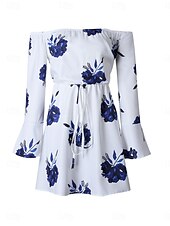 billiga Semesterklänningar-Dam Mini klänning Vardagsklänning Boho bröllopsgästklänning bohemliv Stylish Sexig Lös passning Blommig Långärmad Över axeln Svart Blå Sommar Vår Höst