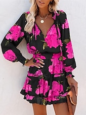 billiga Casual blommiga klänningar-Dam Mini klänning Vardagsklänning Sommarklänning Klänning med tryck Mode Utomhus Helgdag Datum Normal Blommig Långärmad Djup V-hals Gul Kaki Rosenröd Sommar Vår